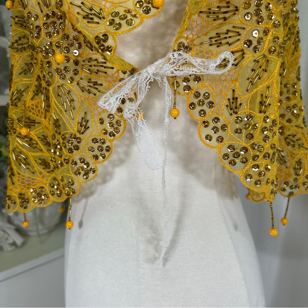 Vintage Funky Yellow Beaded Tie On Top Blouse - Picture 9 of 11